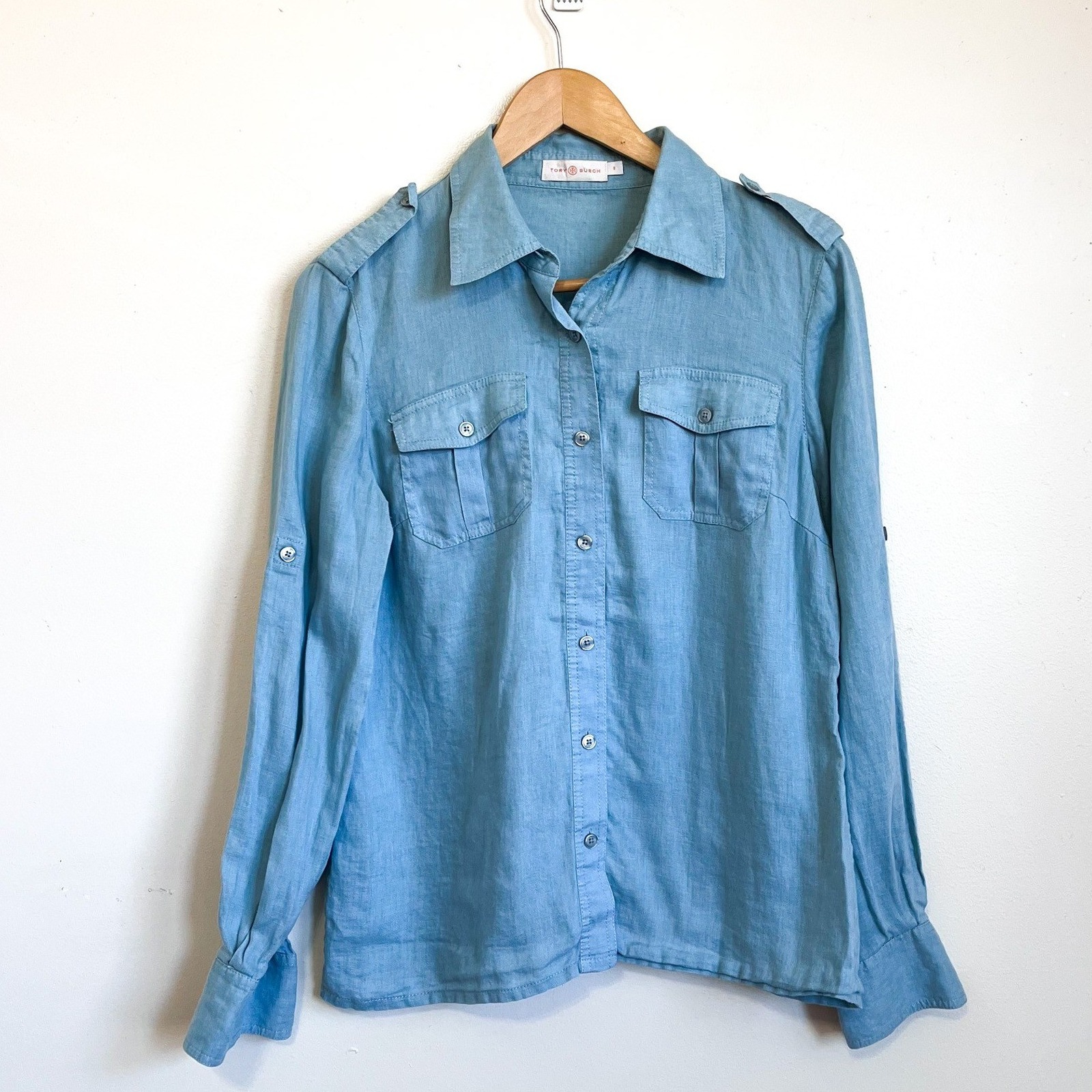 Tory Burch Womens Linen Shirt Size 8 Blue Button Up Long Sleeve Classic Coastal